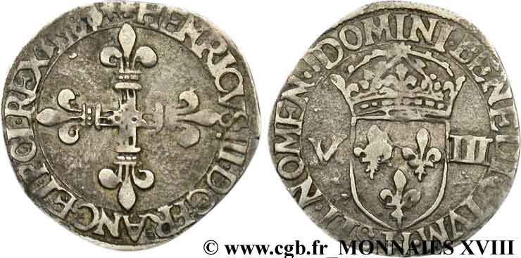 HENRI III Huitième d écu, croix de face 1587 La Rochelle TTB