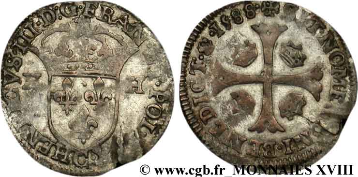 HENRI III Douzain aux deux H, 1er type 1588 Saint-Lô TTB+