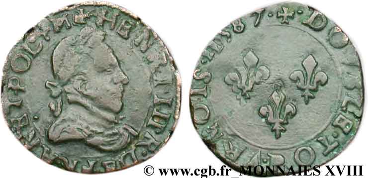 HENRY III Double tournois, 2e type de Dijon 1587 Dijon XF