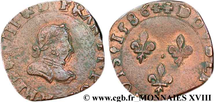 HENRI III Double tournois, 3e type de La Rochelle, buste du denier 1586 La Rochelle TTB/TTB+
