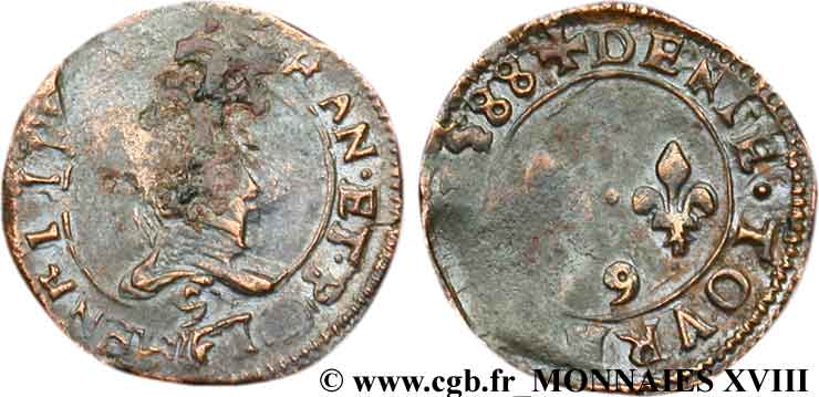 HENRI III Denier tournois, type de Rennes 1588 Rennes TB