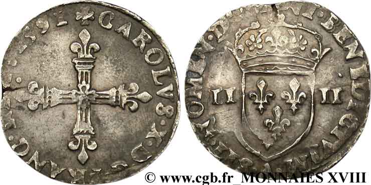 CHARLES X, CARDINAL DE BOURBON Quart d écu, croix de face 1591 Paris TTB