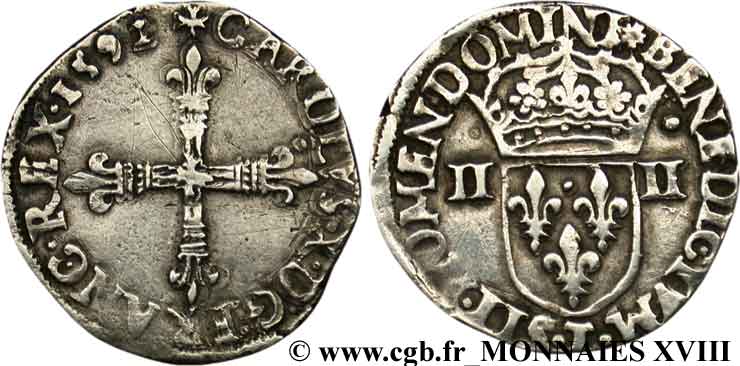 CHARLES X, CARDINAL DE BOURBON Quart d écu, croix de face 1592 Nantes TTB