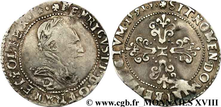 LA LIGUE. MONNAYAGE AU NOM D HENRI III Demi-franc au col plat 1591 Narbonne TB+/TTB