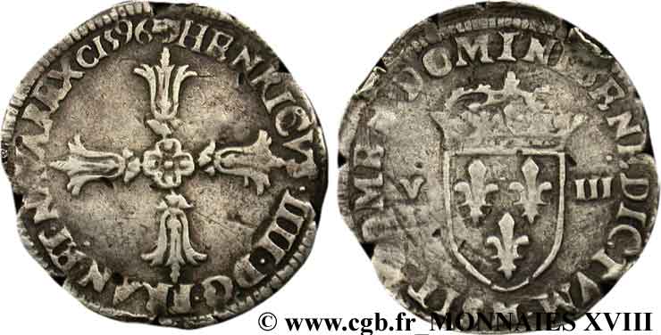 HENRI IV LE GRAND Huitième d&nbsp;écu, croix feuillue de face 1596 Toulouse TB+