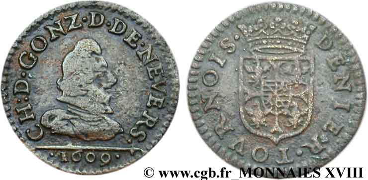 ARDENNES - PRINCIPAUTY OF ARCHES-CHARLEVILLE - CHARLES I OF GONZAGUE Denier tournois XF