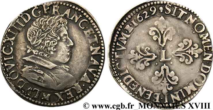 LOUIS XIII LE JUSTE Demi-franc au buste juvénile lauré au petit col plat 1629 Toulouse TTB+