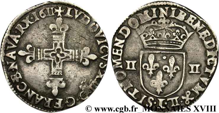 LOUIS XIII  Quart d écu, à la croix fleurdelisée, titulature côté croix 1611 Bayonne XF