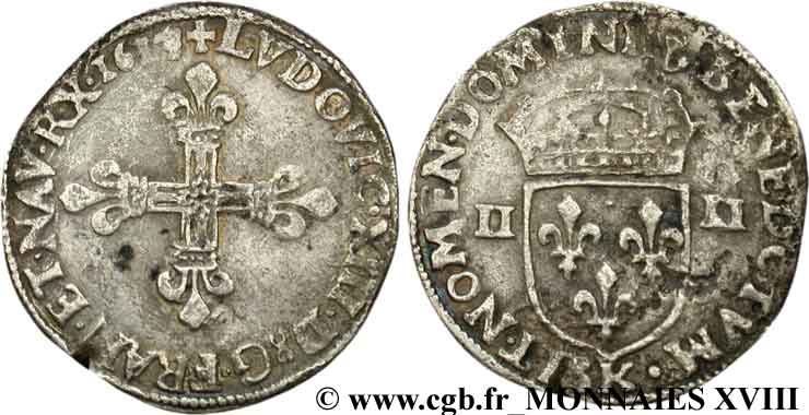 LOUIS XIII  Quart d écu, à la croix fleurdelisée, titulature côté croix 1617 Bordeaux q.BB