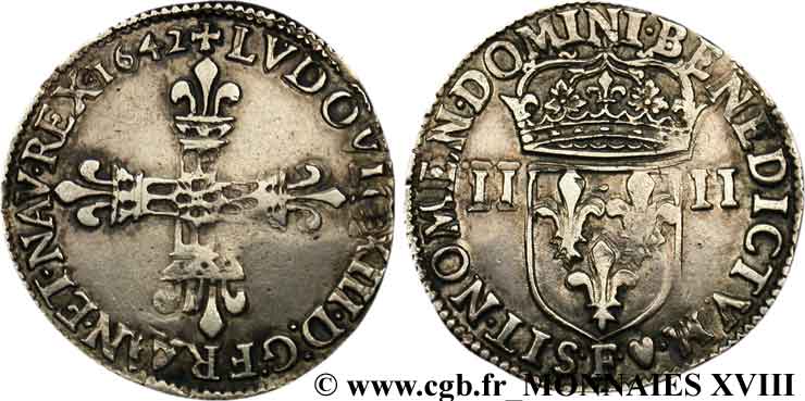 LOUIS XIII LE JUSTE Quart d écu, à la croix fleurdelisée, titulature côté croix 1642 Angers TTB