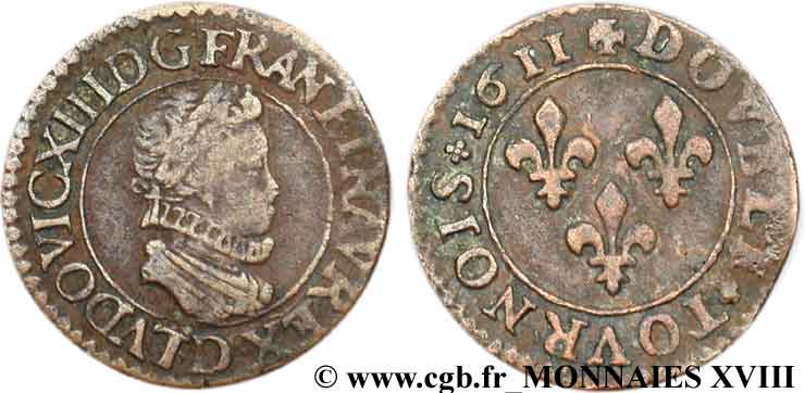 LOUIS XIII  Double tournois au petit buste enfantin col plat, de Lyon 1611 Lyon MBC