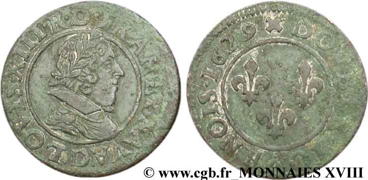 LOUIS XIII LE JUSTE Double tournois, type 6 de Lyon 1629 Lyon TTB