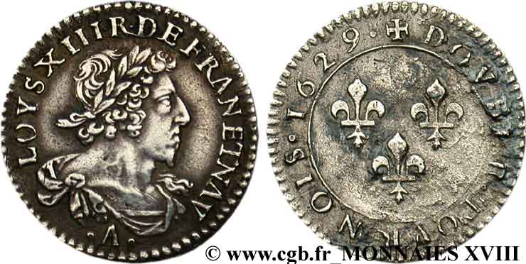 LOUIS XIII  Essai en argent du double tournois, type 7 1629 Paris AU/VF