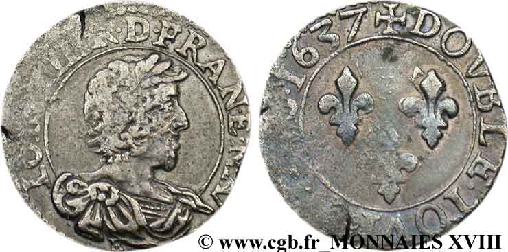 LOUIS XIII Double tournois, type 9 1637 Tours XF