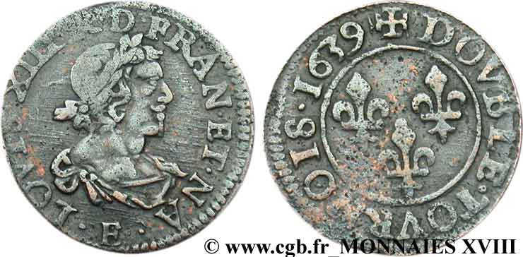 LOUIS XIII  Double tournois, type 19 1639 Tours VF