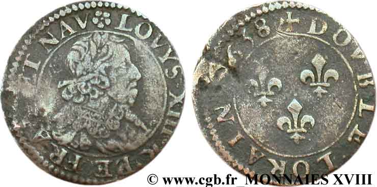 LOUIS XIII  Double lorrain au buste vieilli, type 11 1638 Stenay q.BB