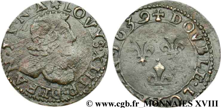 LOUIS XIII LE JUSTE Double lorrain au buste vieilli, type 12 1639 Stenay TTB
