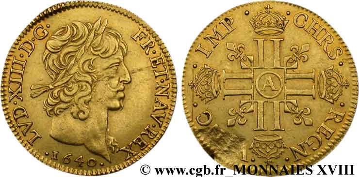 LOUIS XIII LE JUSTE Louis d or à la mèche courte, 1er type 1640 Paris, Monnaie du Louvre TTB/TB+
