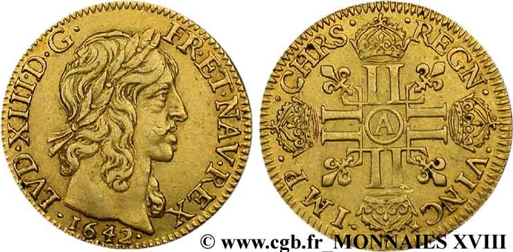 LOUIS XIII LE JUSTE Louis d or à la mèche longue, 2e type 1642 Paris, Monnaie du Louvre TTB
