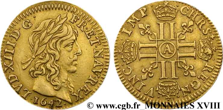 LOUIS XIII LE JUSTE Demi-louis d or à la mèche longue 1642 Paris, Monnaie du Louvre TTB+