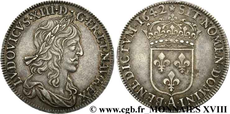 LOUIS XIII LE JUSTE Demi-écu, buste drapé (1er buste de Jean Warin) 1642 Paris, Monnaie de Matignon TTB+