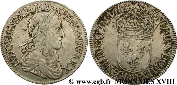 LOUIS XIII LE JUSTE Demi-écu, 2e poinçon de Warin 1643 Lyon TB/TTB
