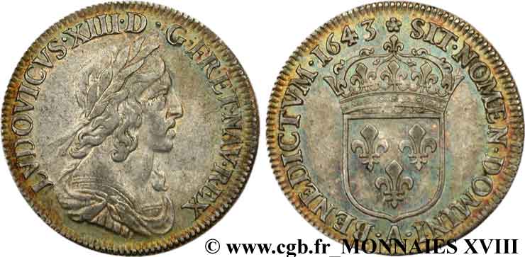LOUIS XIII LE JUSTE Quart d écu d argent, 3e type, 2e poinçon de Warin 1643 Paris, Monnaie de Matignon TTB+/SUP