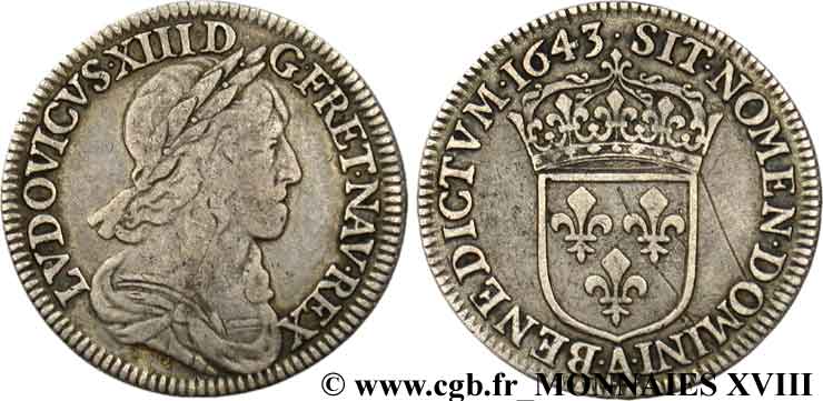 LOUIS XIII LE JUSTE Quart d écu d argent, 3e type, 2e poinçon de Warin 1643 Paris, Monnaie du Louvre TB+