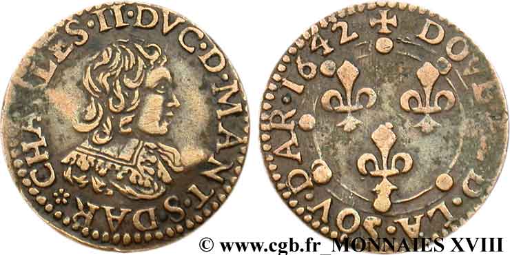 ARDENNES - PRINCIPALITY OF ARCHES-CHARLEVILLE - CHARLES II GONZAGA Double tournois, type 23 (1re effigie) XF