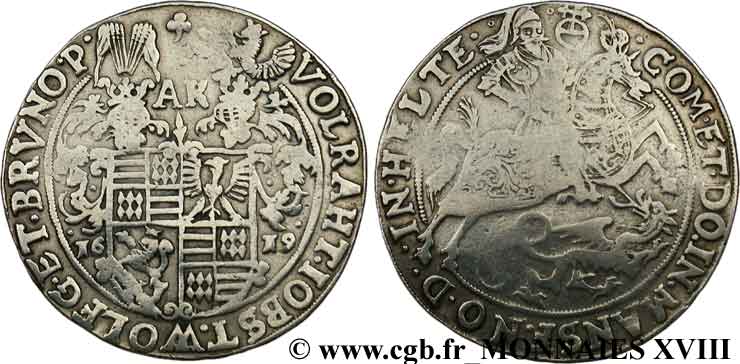 GERMANY - MANSFELD (COUNTY OF) -  ARTERN LINE - VOLRATH VI, JOBST II OF EISLEBEN, WOLFANG OF BORNSTEDT AND BRUNO III OF BORNSTEDT Thaler 1619  VF/XF
