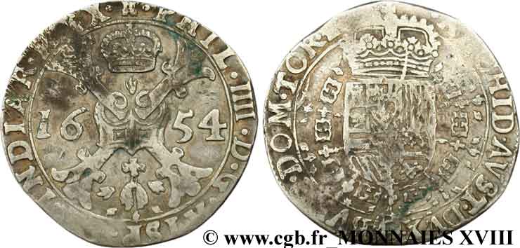 SPANISH NETHERLANDS - TOURNAISIS - PHILIP IV Demi-patagon 1654 Tournai VF