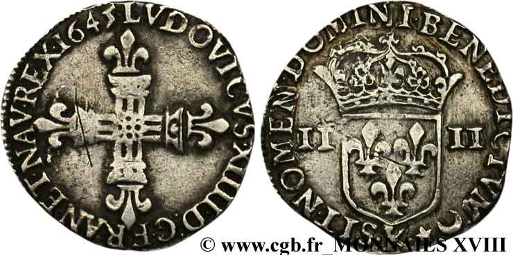 LOUIS XIV LE GRAND OU LE ROI SOLEIL Quart d écu, croix de face 1645 Bordeaux TB+