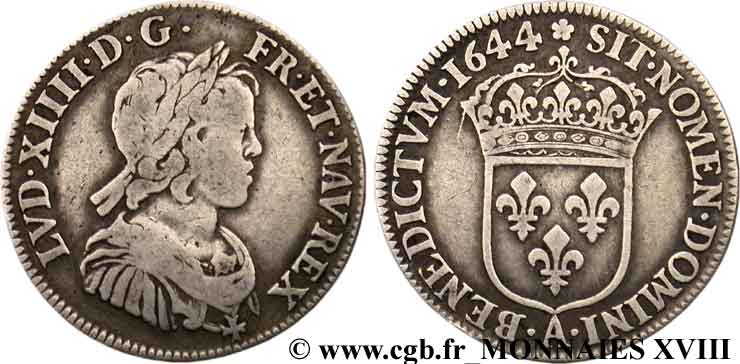 LOUIS XIV  THE SUN KING  Quart d écu à la mèche courte 1644 Paris, Monnaie de Matignon MB