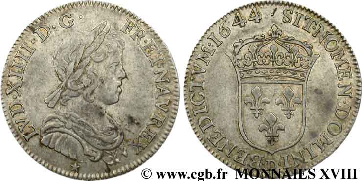 LOUIS XIV &nbsp;THE SUN KING&nbsp; Quart d&nbsp;écu à la mèche courte 1644 Lyon AU