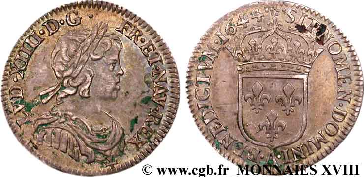 LOUIS XIV LE GRAND OU LE ROI SOLEIL Douzième d écu à la mèche courte 1644 Paris, Monnaie de Matignon TTB+