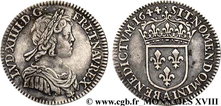 LOUIS XIV LE GRAND OU LE ROI SOLEIL Douzième d écu à la mèche courte 1644 Paris, Monnaie du Louvre TTB+