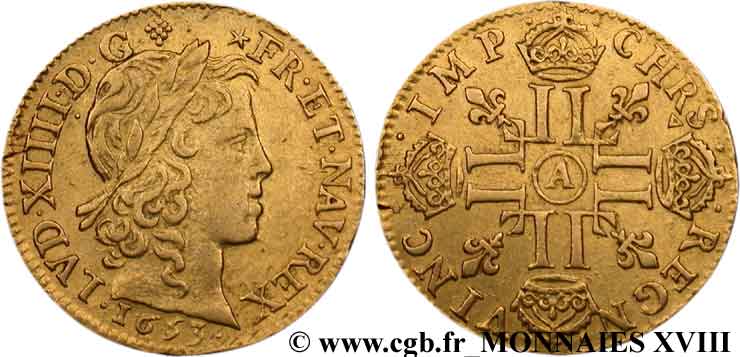 LOUIS XIV LE GRAND OU LE ROI SOLEIL Louis d’or aux huit L, portrait à la mèche longue 1653 Paris TTB+