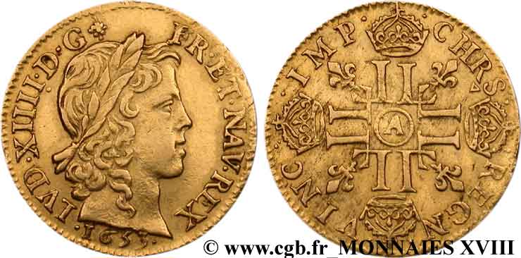 LOUIS XIV LE GRAND OU LE ROI SOLEIL Louis d’or aux huit L, portrait à la mèche longue 1653 Paris TTB