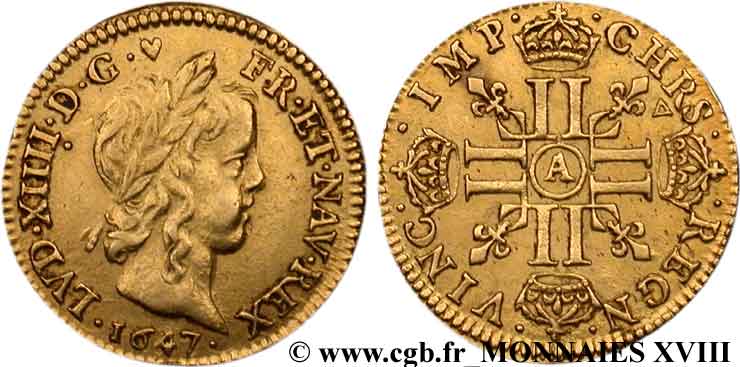 LOUIS XIV LE GRAND OU LE ROI SOLEIL Demi-louis d or à la mèche longue 1647 Paris TTB+