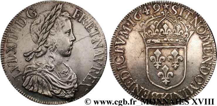 LOUIS XIV  THE SUN KING  Écu à la mèche longue 1649 Bordeaux q.SPL