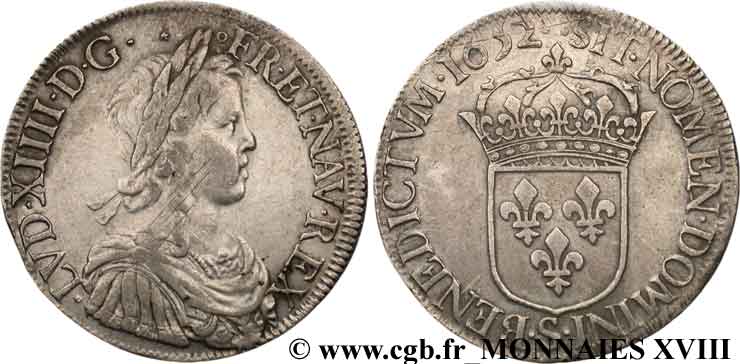 LOUIS XIV  THE SUN KING  Écu à la mèche longue 1652 Troyes XF