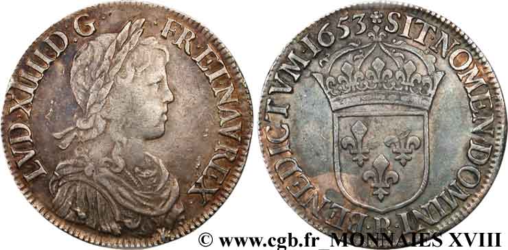 LOUIS XIV  THE SUN KING  Écu à la mèche longue 1653 Rouen MBC