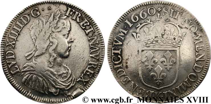 LOUIS XIV  THE SUN KING  Demi-écu à la mèche longue 1660 Bordeaux q.BB