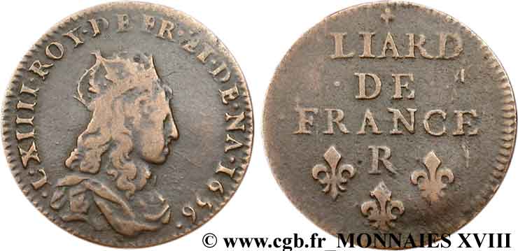 LOUIS XIV LE GRAND OU LE ROI SOLEIL Liard de cuivre, 2e type 1656 Nîmes TB+
