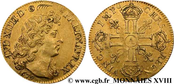 LOUIS XIV LE GRAND OU LE ROI SOLEIL Louis d or à la tête nue, au buste viril 2e type 1679 Paris SUP