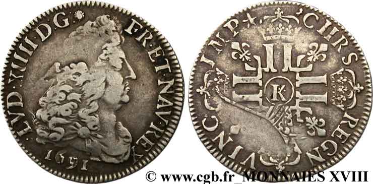LOUIS XIV  THE SUN KING  Demi-écu aux huit L, 1er type 1691 Bordeaux VF