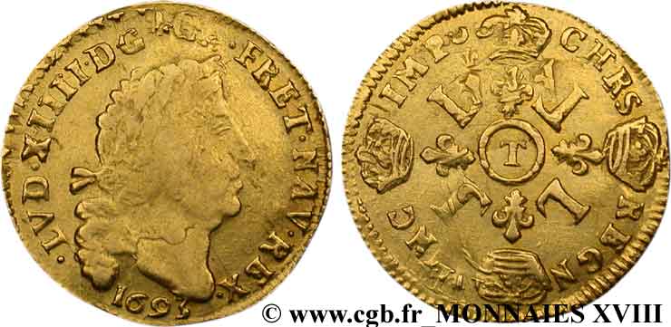 LOUIS XIV LE GRAND OU LE ROI SOLEIL Louis d or aux quatre L 1693 Nantes TB/TB+
