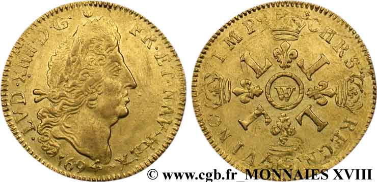 LOUIS XIV LE GRAND OU LE ROI SOLEIL Louis d or aux quatre L 1694 Lille TTB