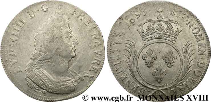 LOUIS XIV LE GRAND OU LE ROI SOLEIL Écu aux palmes 1693 Lyon TB+/TTB