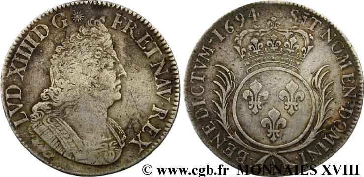 LOUIS XIV LE GRAND OU LE ROI SOLEIL Écu aux palmes 1694 Paris TTB